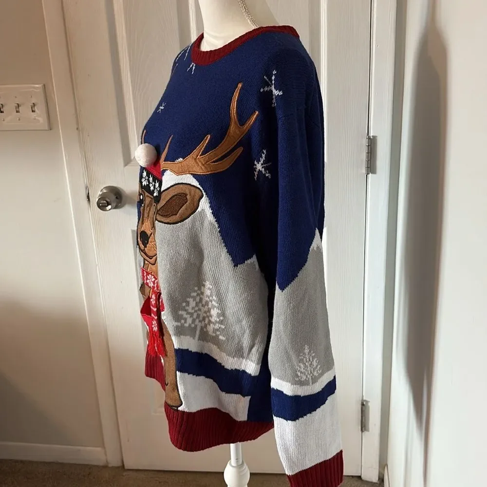 Oversized Ugly Christmas Sweater Reindeer Graphic XL Cozy Holiday Knit